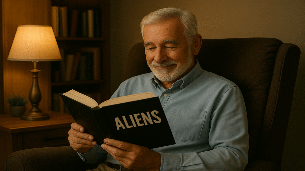 Elderly man sitting in chair reading a novel